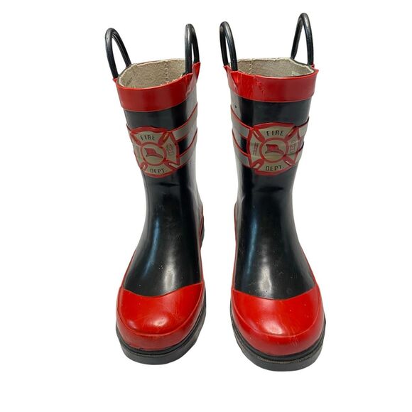 Fire Department Boys Rubber Waterproof Mid-Calf Red Black Pull On Rain Boots - Picture 4 of 13